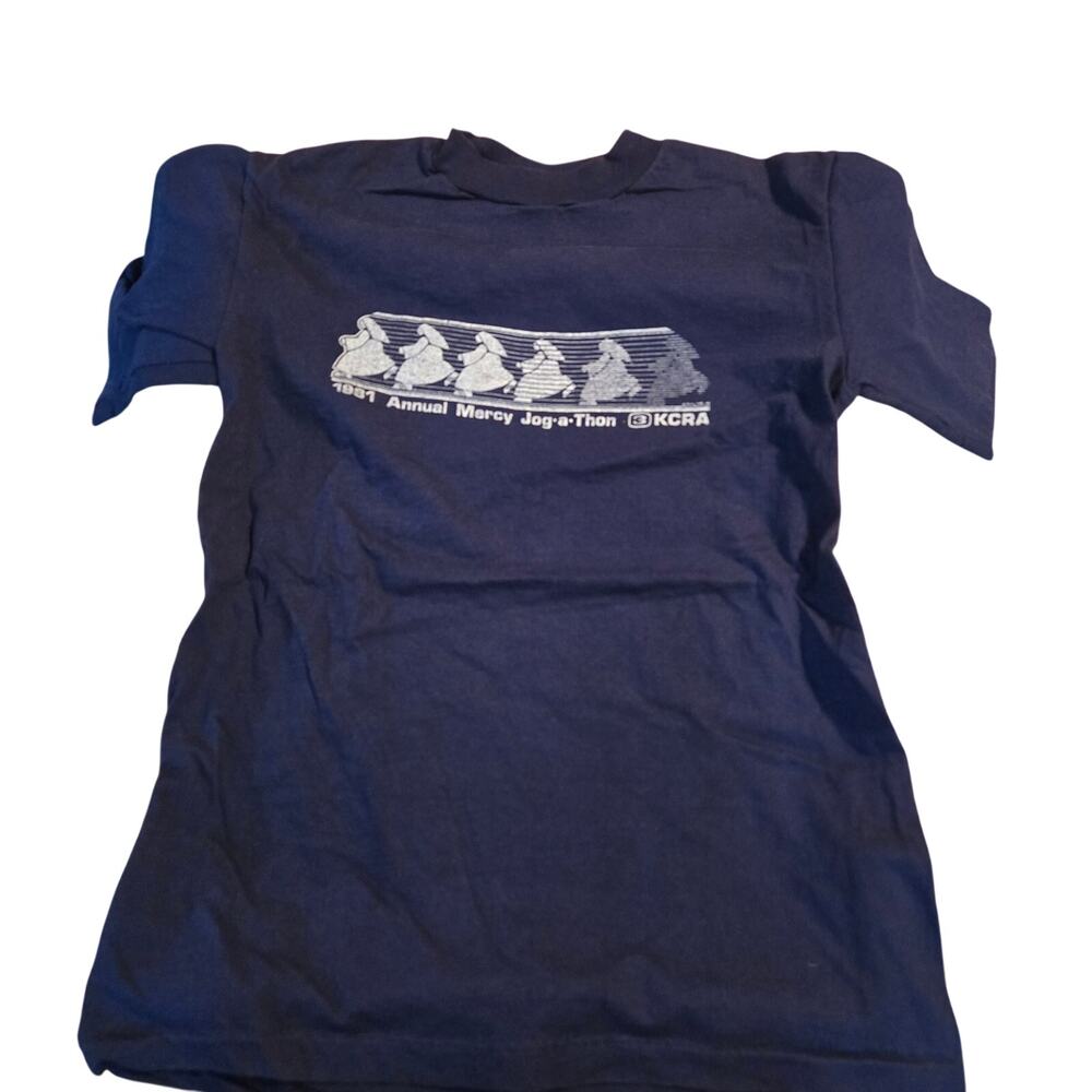 vintage blue t-shirt white graphic  "1981 Annual Mercy Jog-a-Thon size medium